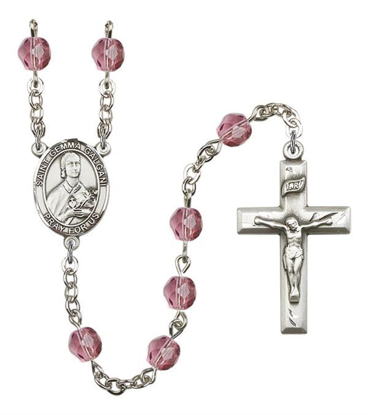 St. Gemma Galgani Rosary, 6mm Fire Polished Amethyst Beads, Silver Plate, # 15260