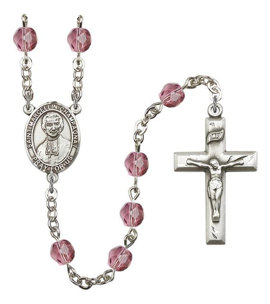 St. Marcellin Champagnat Rosary, 6mm Fire Polished Amethyst Beads, Silver Plate, # 15261