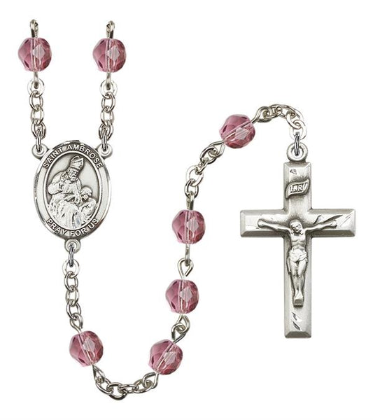 St. Ambrose Rosary, 6mm Fire Polished Amethyst Beads, Silver Plate, # 15268