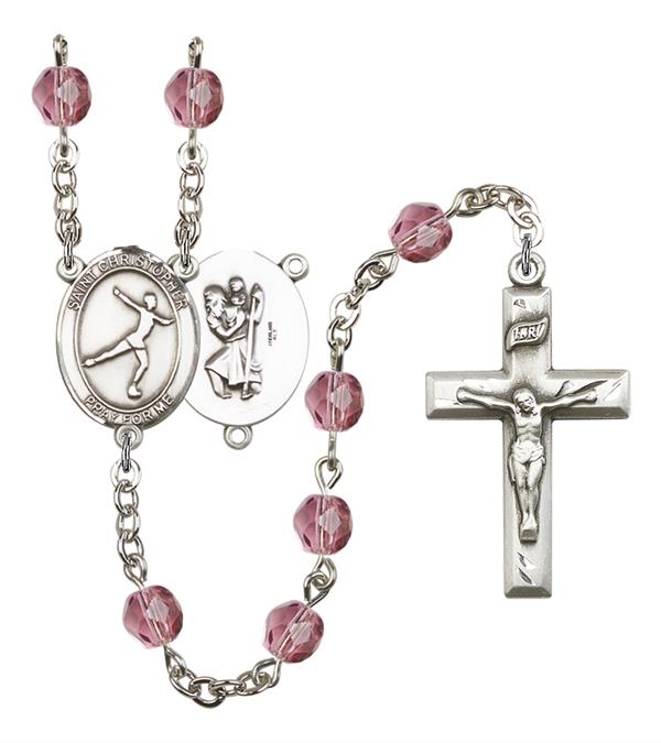 St. Christopher / Figure Skating Rosary, 6mm Fire Polished Amethyst Beads, Silver Plate, # 15270