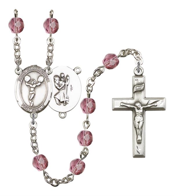 St. Christopher / Cheerleading Rosary, 6mm Fire Polished Amethyst Beads, Silver Plate, # 15271