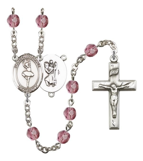 St. Christopher / Dance Rosary, 6mm Fire Polished Amethyst Beads, Silver Plate, # 15273