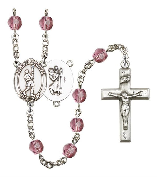 St. Christopher / Lacrosse Rosary, 6mm Fire Polished Amethyst Beads, Silver Plate, # 15274