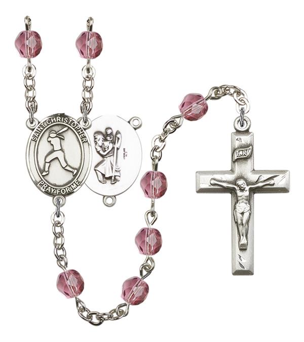 St. Christopher / Women's Softball Rosary, 6mm Fire Polished Amethyst Beads, Silver Plate, # 15275