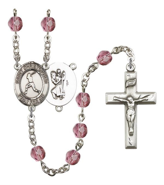 St. Christopher / Baseball Rosary, 6mm Fire Polished Amethyst Beads, Silver Plate, # 15277