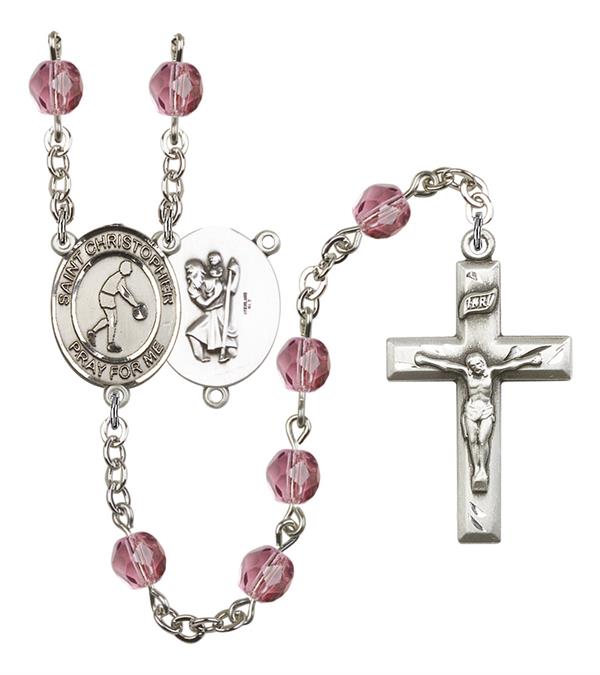 St. Christopher / Basketball Rosary, 6mm Fire Polished Amethyst Beads, Silver Plate, # 15280