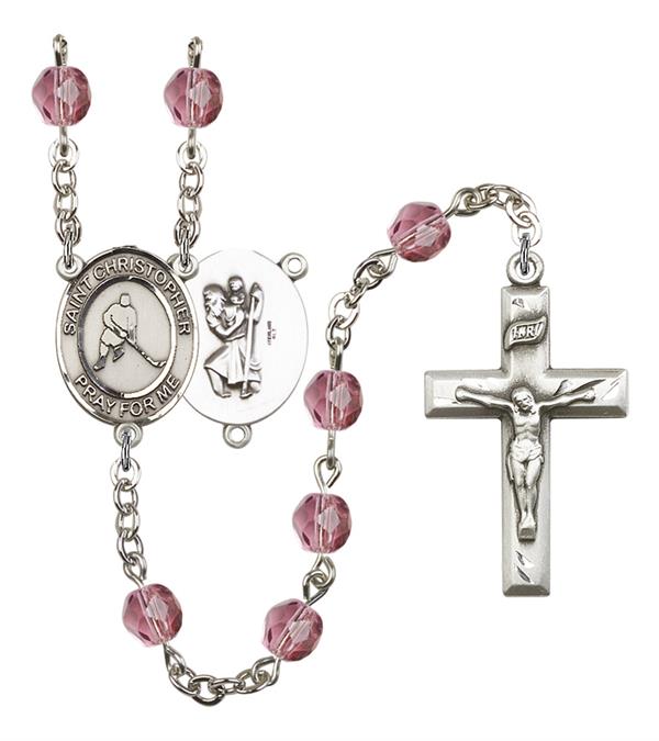 St. Christopher / Ice Hockey Rosary, 6mm Fire Polished Amethyst Beads, Silver Plate, # 15282