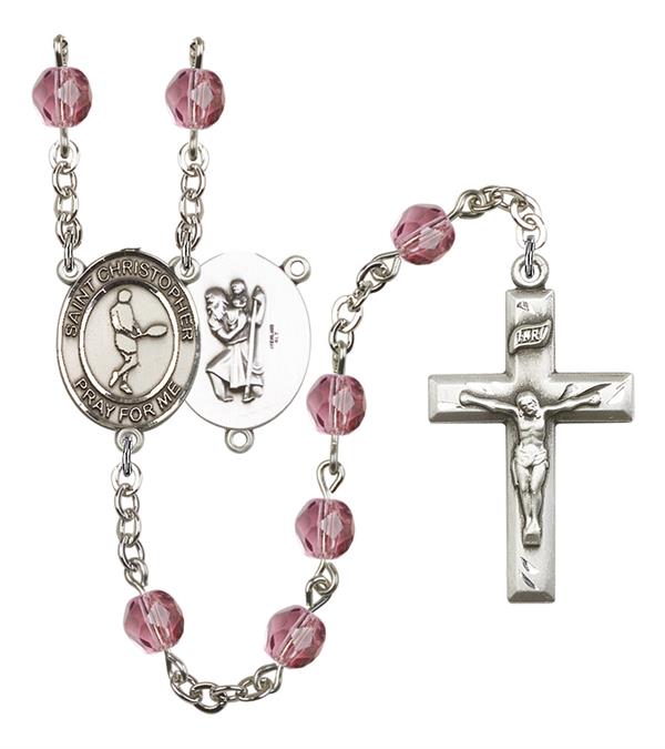 St. Christopher / Tennis Rosary, 6mm Fire Polished Amethyst Beads, Silver Plate, # 15283