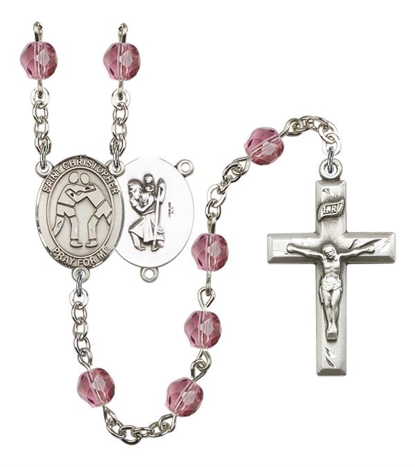 St. Christopher / Wrestling Rosary, 6mm Fire Polished Amethyst Beads, Silver Plate, # 15286
