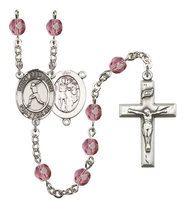 St. Sebastian / Baseball Rosary, 6mm Fire Polished Amethyst Beads, Silver Plate, # 15287