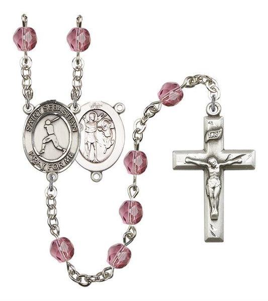 St. Sebastian / Baseball Rosary, 6mm Fire Polished Amethyst Beads, Silver Plate, # 15287