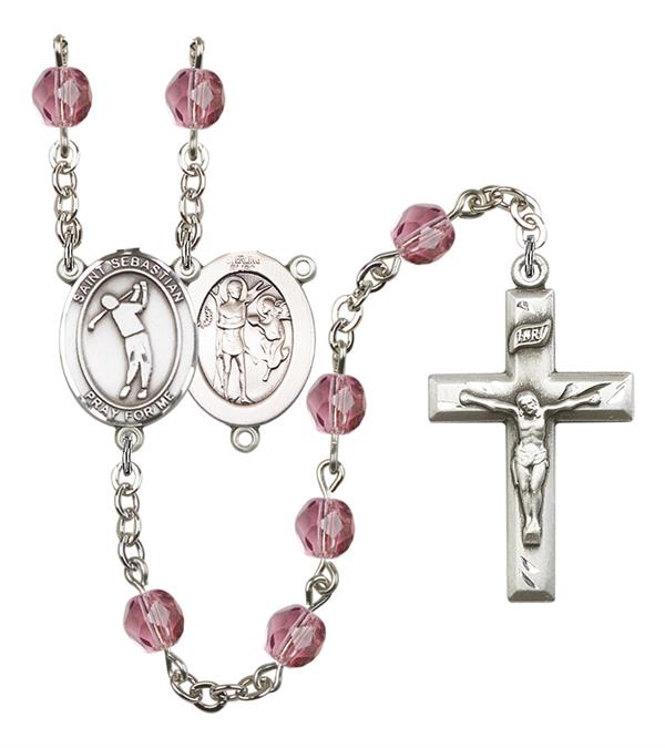 St. Sebastian / Golf Rosary, 6mm Fire Polished Amethyst Beads, Silver Plate, # 15289