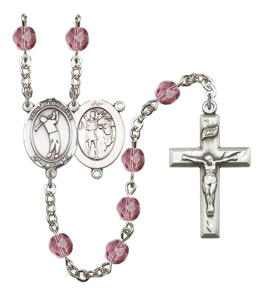 St. Sebastian / Golf Rosary, 6mm Fire Polished Amethyst Beads, Silver Plate, # 15289