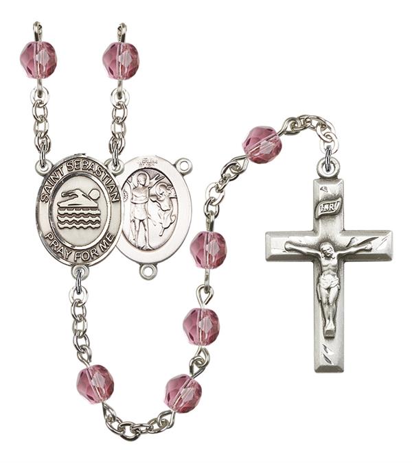 St. Sebastian / Swimming Rosary, 6mm Fire Polished Amethyst Beads, Silver Plate, # 15294