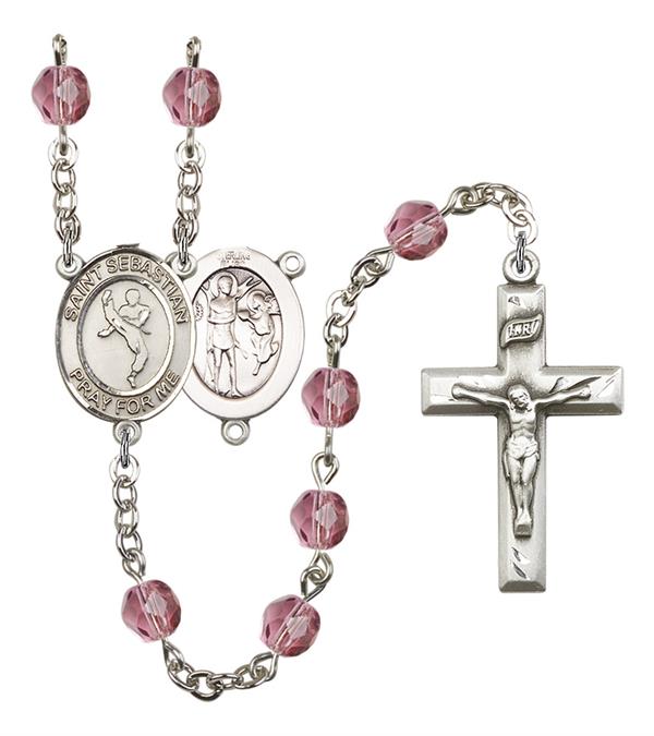St. Sebastian / Martial Arts Rosary, 6mm Fire Polished Amethyst Beads, Silver Plate, # 15295