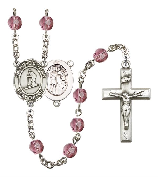 St. Sebastian / Skiing Rosary, 6mm Fire Polished Amethyst Beads, Silver Plate, # 15296