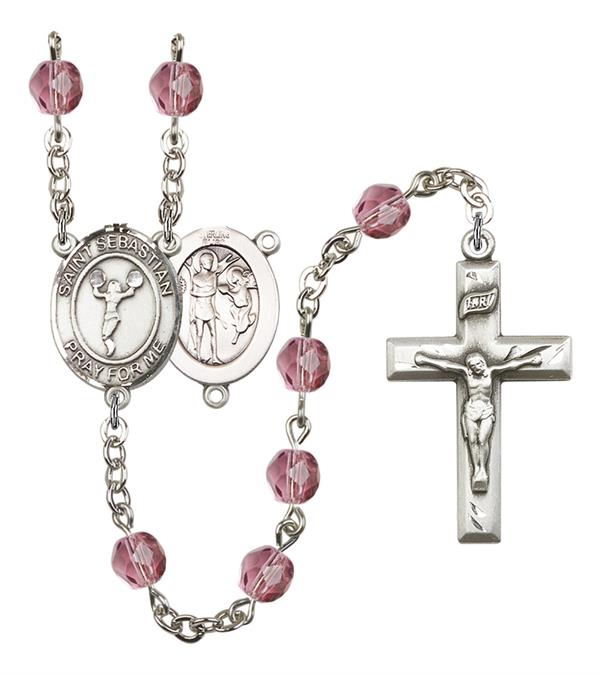 St. Sebastian / Cheerleading Rosary, 6mm Fire Polished Amethyst Beads, Silver Plate, # 15297