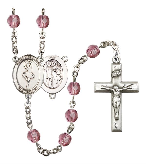 St. Sebastian / Dance Rosary, 6mm Fire Polished Amethyst Beads, Silver Plate, # 15300
