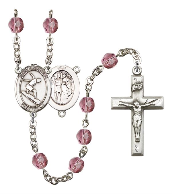 St. Sebastian / Surfing Rosary, 6mm Fire Polished Amethyst Beads, Silver Plate, # 15302
