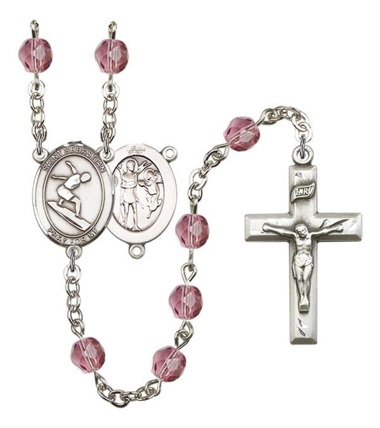 St. Sebastian / Surfing Rosary, 6mm Fire Polished Amethyst Beads, Silver Plate, # 15302