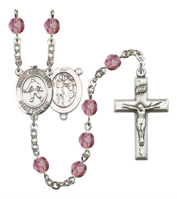 St. Sebastian / Field Hockey Rosary, 6mm Fire Polished Amethyst Beads, Silver Plate, # 15306