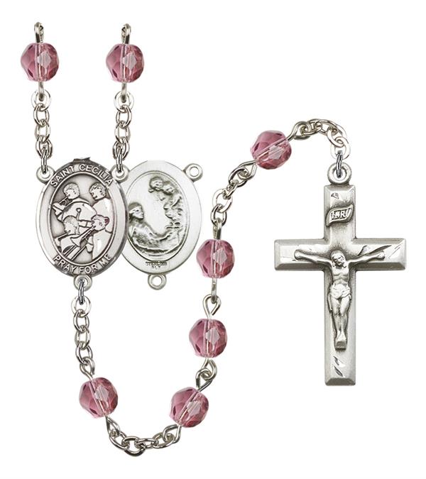 St. Cecilia / Marching Band Rosary, 6mm Fire Polished Amethyst Beads, Silver Plate, # 15308