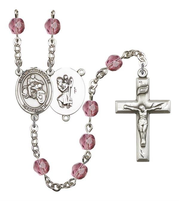 St. Christopher / Motorcycle Rosary, 6mm Fire Polished Amethyst Beads, Silver Plate, # 15314