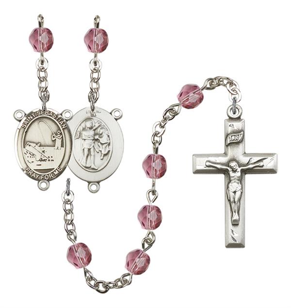 St. Sebastian / Fishing Rosary, 6mm Fire Polished Amethyst Beads, Silver Plate, # 15317
