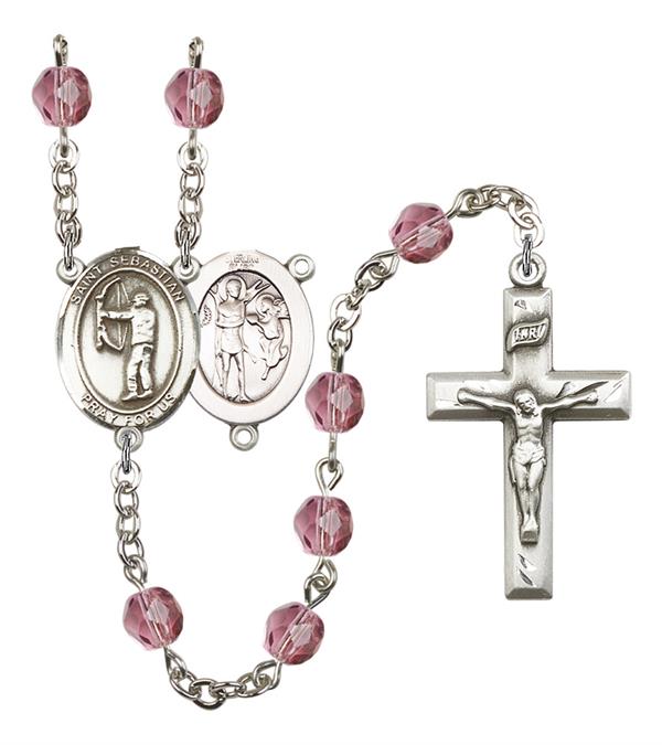 St. Sebastian / Archery Rosary, 6mm Fire Polished Amethyst Beads, Silver Plate, # 15319