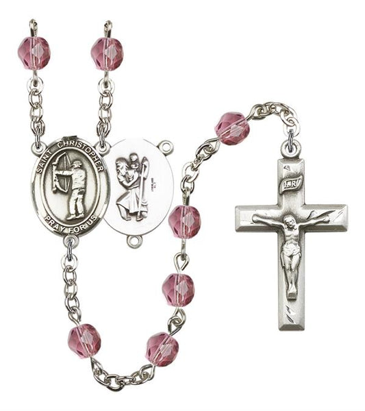 St. Christopher / Archery Rosary, 6mm Fire Polished Amethyst Beads, Silver Plate, # 15320