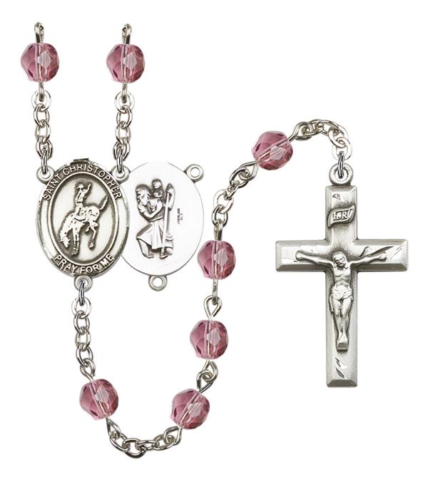 St. Christopher / Rodeo Rosary, 6mm Fire Polished Amethyst Beads, Silver Plate, # 15322
