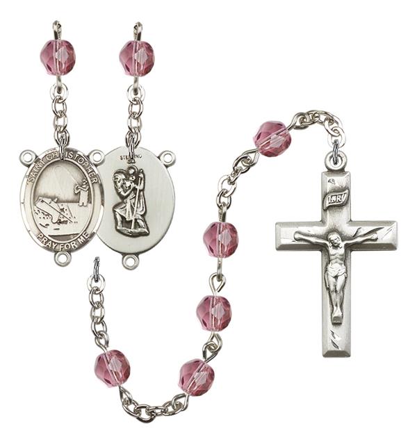 St. Christopher / Fishing Rosary, 6mm Fire Polished Amethyst Beads, Silver Plate, # 15326