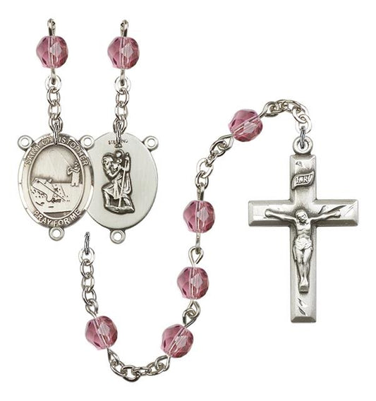 St. Christopher / Fishing Rosary, 6mm Fire Polished Amethyst Beads, Silver Plate, # 15326