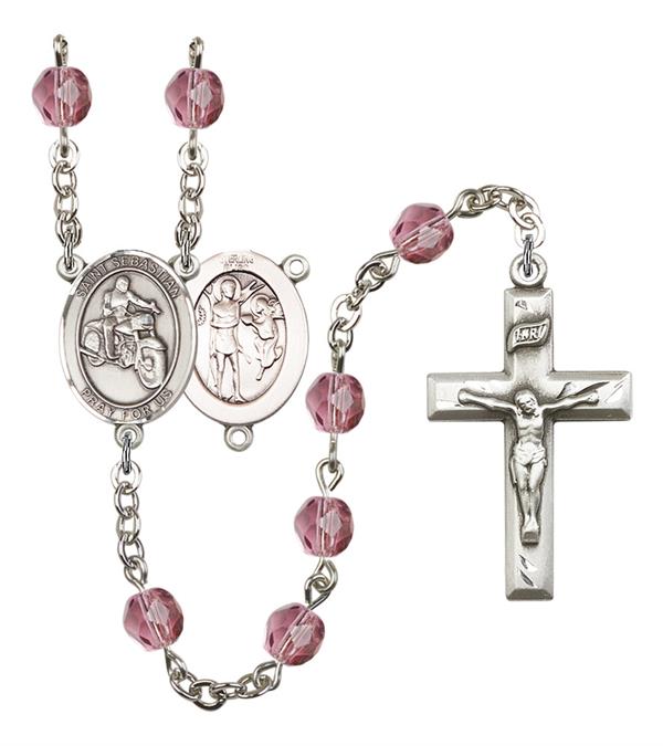 St. Sebastian / Motorcycle Rosary, 6mm Fire Polished Amethyst Beads, Silver Plate, # 15327