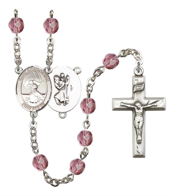 St. Christopher / Women's Water Polo Rosary, 6mm Fire Polished Amethyst Beads, Silver Plate, # 15329