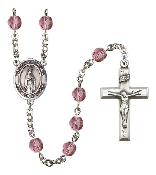 Virgen del Fatima Spanish Rosary, 6mm Fire Polished Amethyst Beads, Silver Plate, # 15336