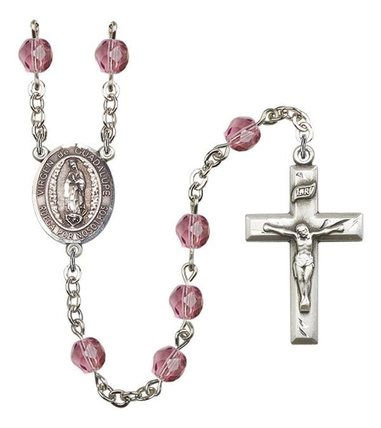 Virgen de Guadalupe Spanish Rosary, 6mm Fire Polished Amethyst Beads, Silver Plate, # 15338