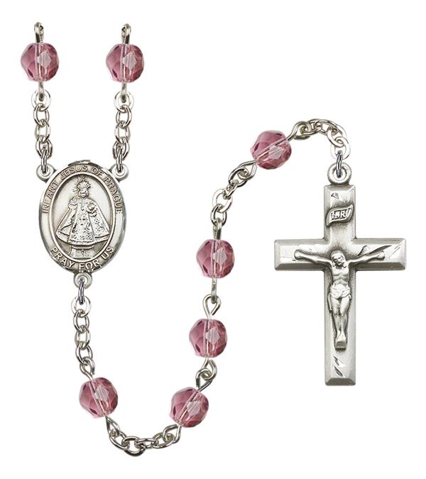 Infant of Prague Rosary, 6mm Fire Polished Amethyst Beads, Silver Plate, # 15339