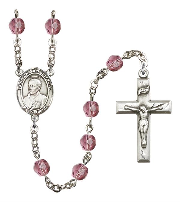 St. Ignatius of Loyola Rosary, 6mm Fire Polished Amethyst Beads, Silver Plate, # 15350