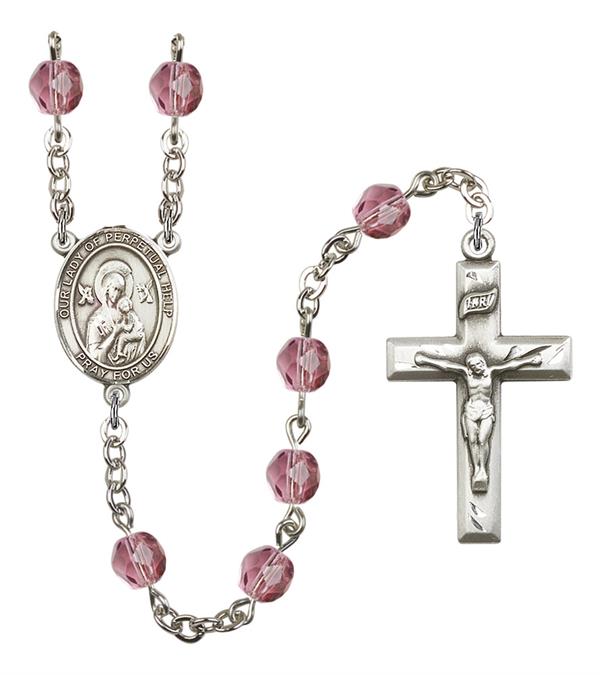 Our Lady of Perpetual Help Rosary, 6mm Fire Polished Amethyst Beads, Silver Plate, # 15355
