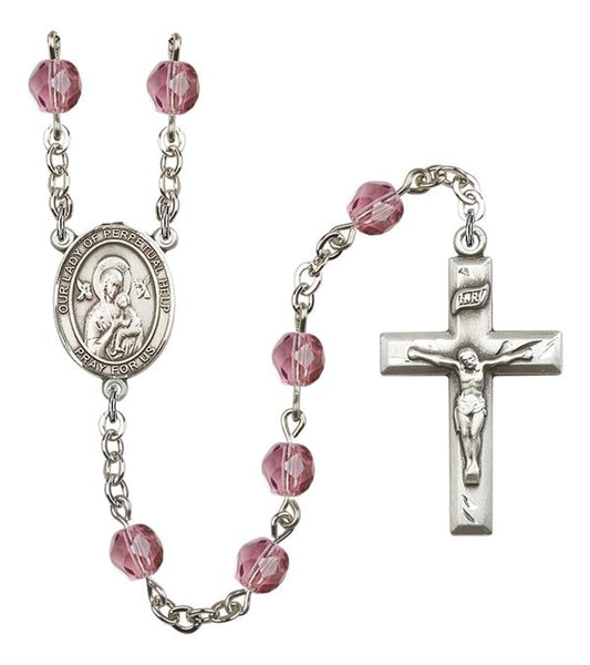 Our Lady of Perpetual Help Rosary, 6mm Fire Polished Amethyst Beads, Silver Plate, # 15355