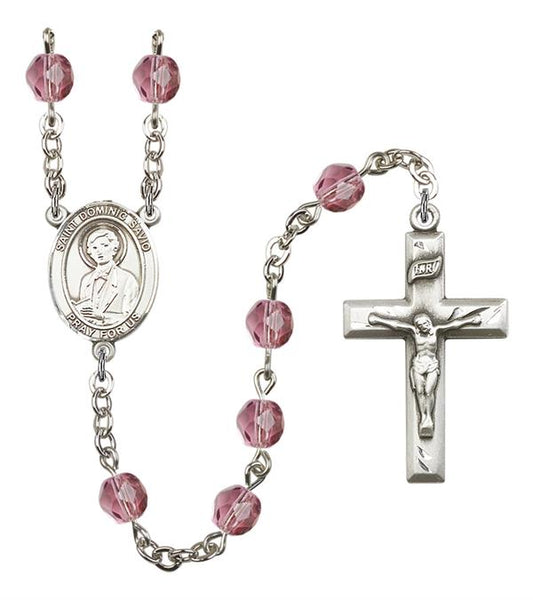 St. Dominic Savio Rosary, 6mm Fire Polished Amethyst Beads, Silver Plate, # 15360