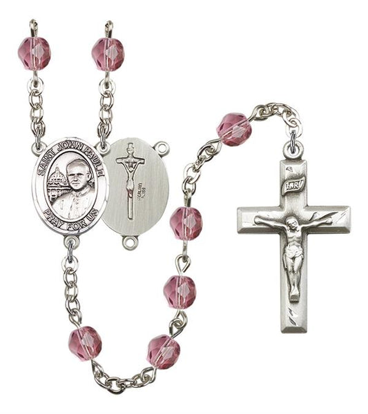 St. John Paul II Rosary, 6mm Fire Polished Amethyst Beads, Silver Plate, # 15367