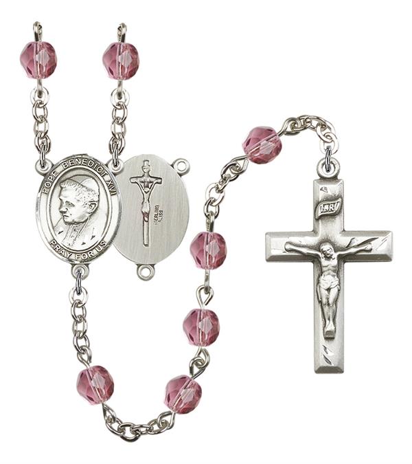Pope Emeritace Benedict XVI Rosary, 6mm Fire Polished Amethyst Beads, Silver Plate, # 15368