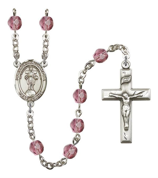 Our Lady of All Nations Rosary, 6mm Fire Polished Amethyst Beads, Silver Plate, # 15375