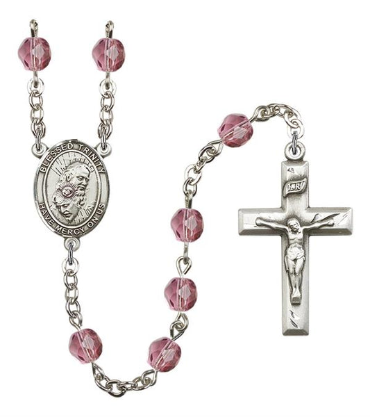 Blessed Trinity Rosary, 6mm Fire Polished Amethyst Beads, Silver Plate, # 15383