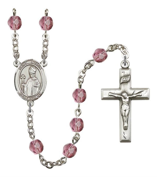 St. Austin Rosary, 6mm Fire Polished Amethyst Beads, Silver Plate, # 15390