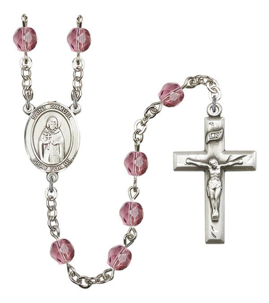 St. Samuel Rosary, 6mm Fire Polished Amethyst Beads, Silver Plate, # 15393