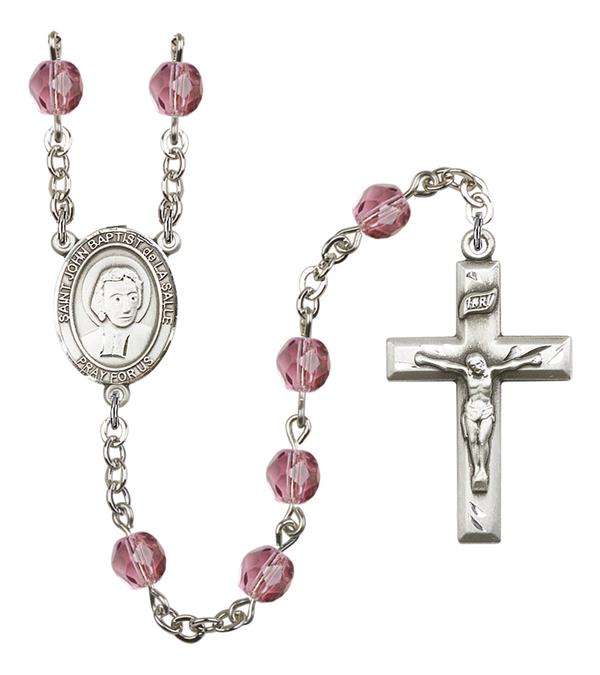 St. John Baptist de la Salle Rosary, 6mm Fire Polished Amethyst Beads, Silver Plate, # 15396