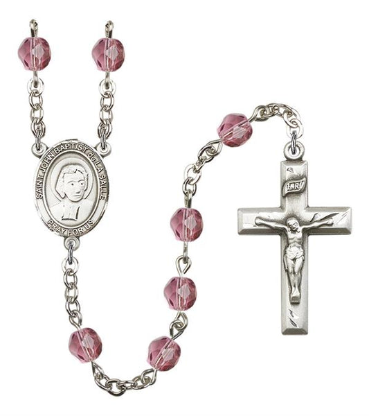 St. John Baptist de la Salle Rosary, 6mm Fire Polished Amethyst Beads, Silver Plate, # 15396